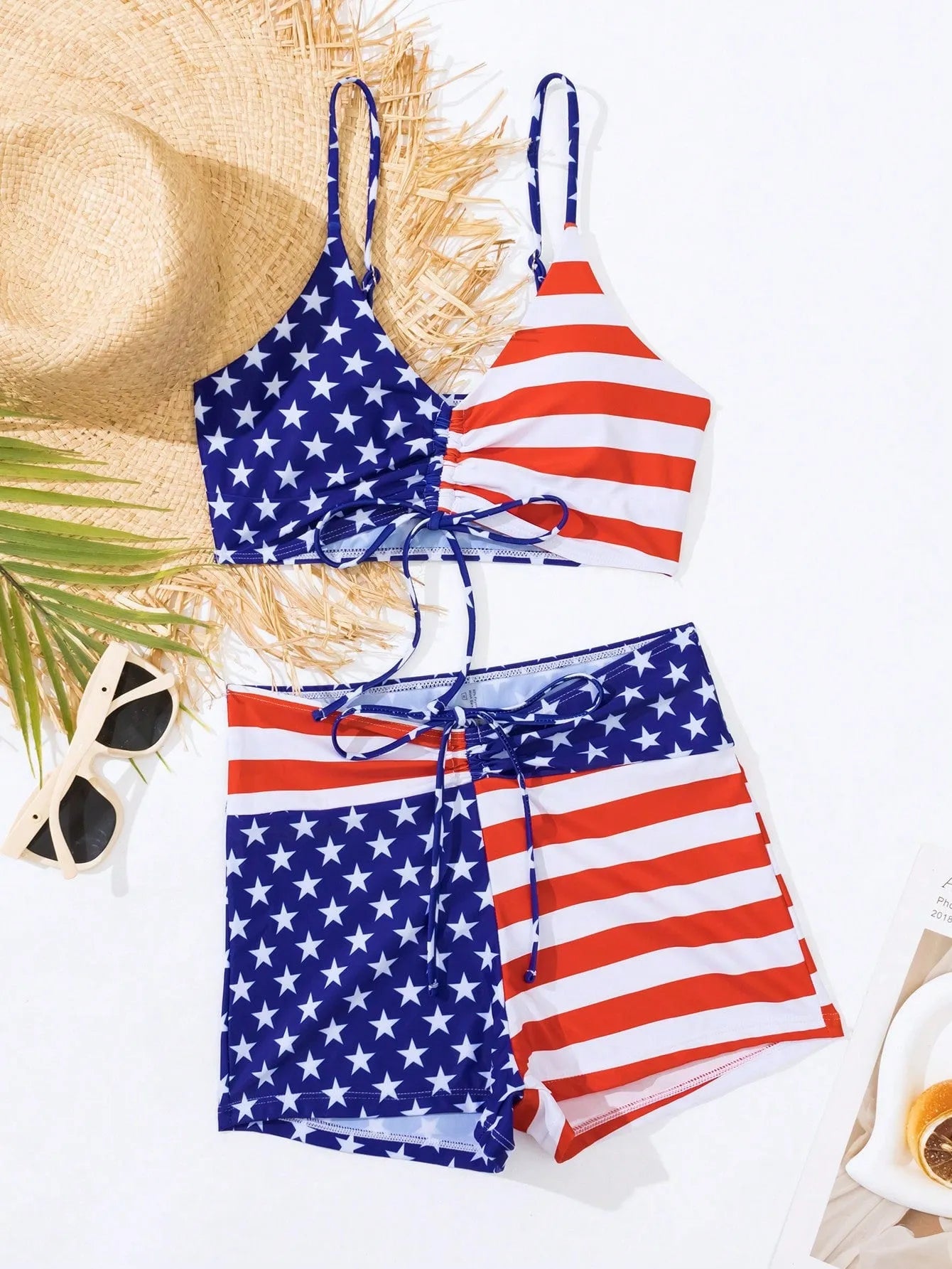Women's high waist boxer drawstring contrast color swimsuit with Stars and Stripes pattern in polyester fibre