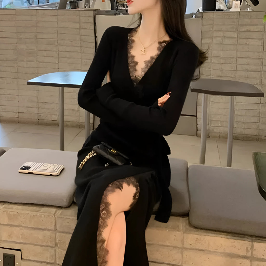 Black women's slim fit princess dress skirt made from polyester, shown on a model.