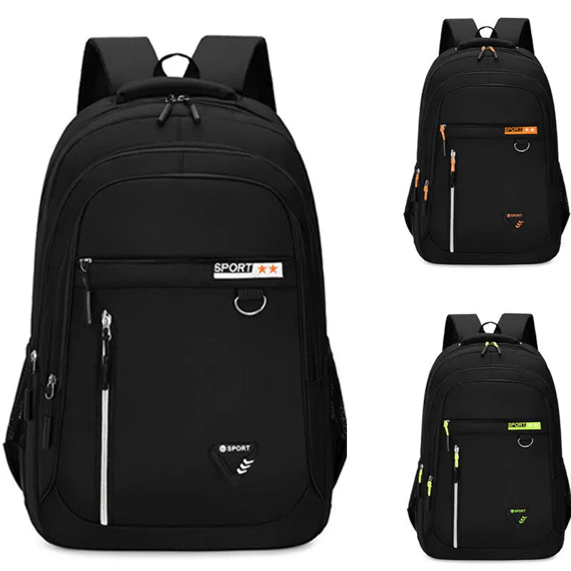 Men's Oxford cloth schoolbag in black showing spliced pattern design and air pillow belt system