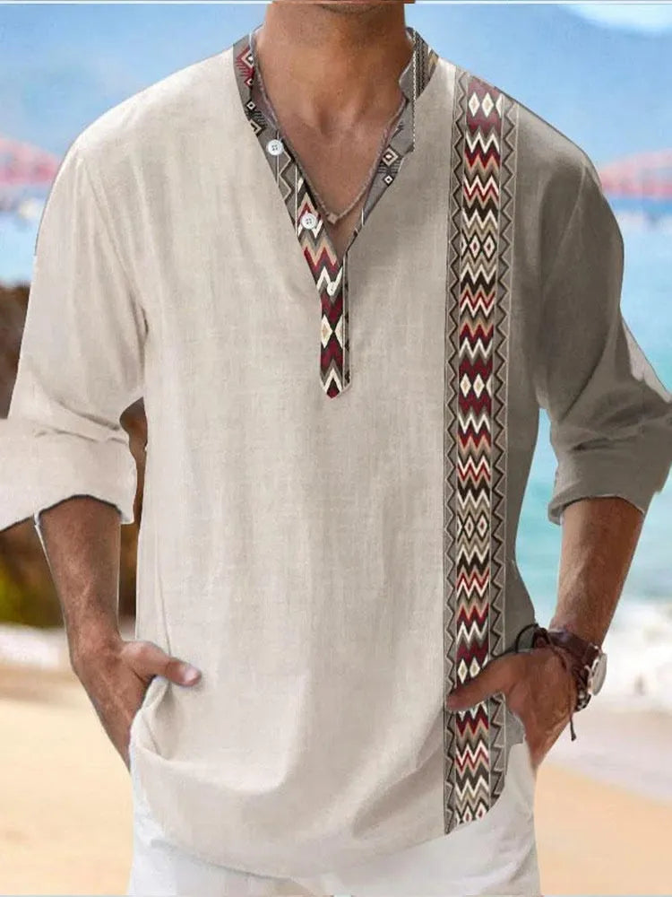 Long sleeve striped Hawaiian casual shirt in thin bamboo linen texture polyester fabric