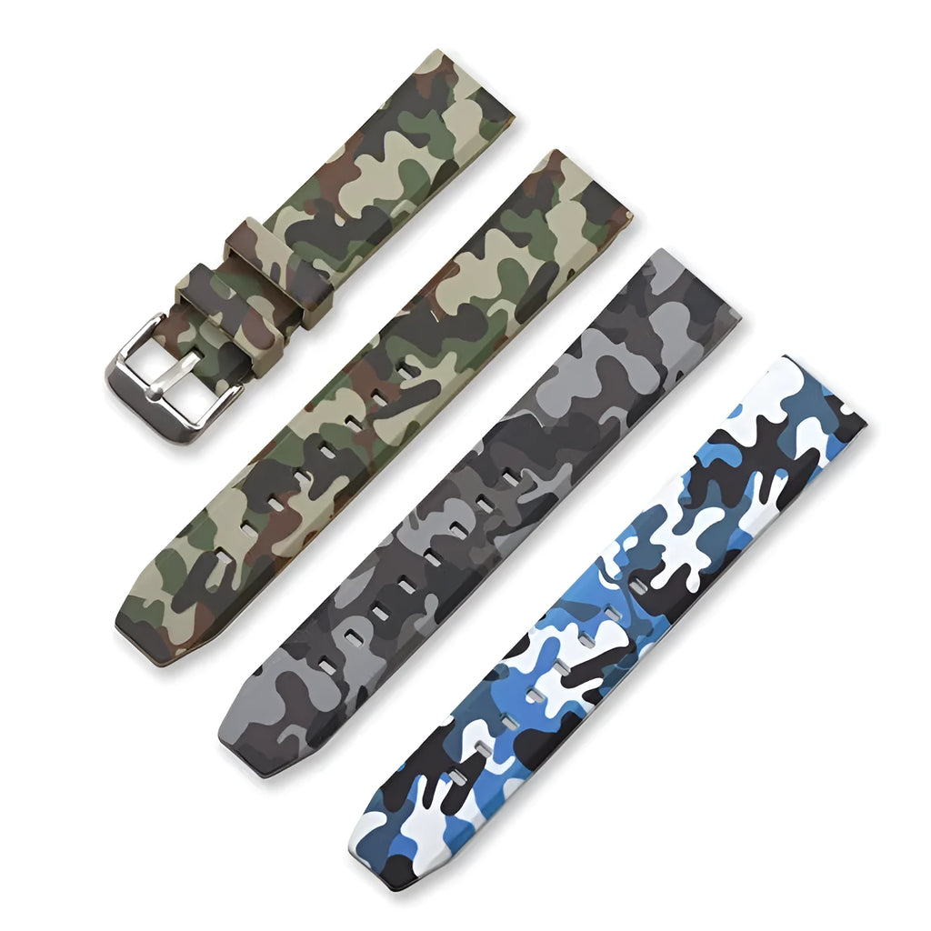Blue camouflage silicone watch strap showing 20mm width and buckle.