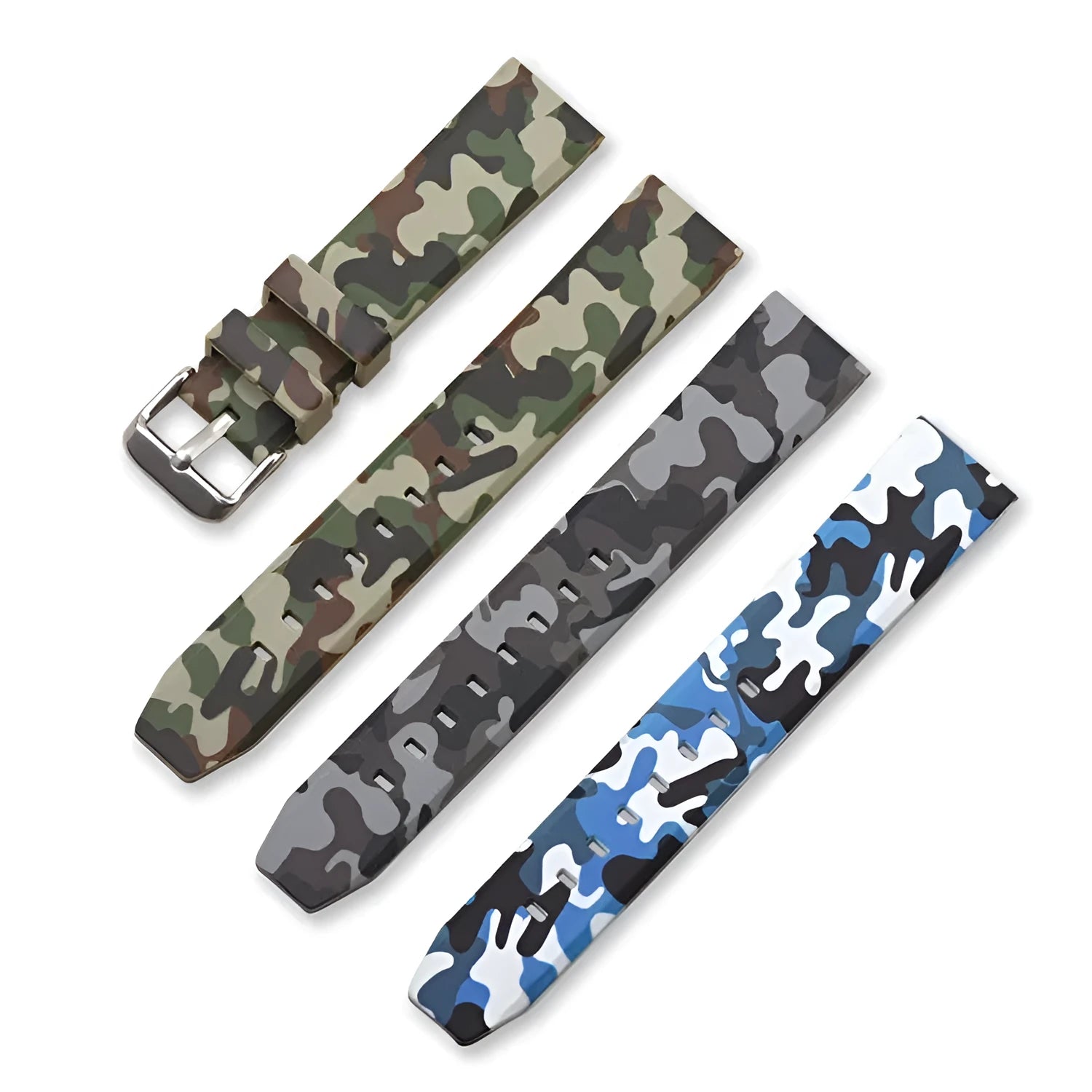 Blue camouflage silicone watch strap showing 20mm width and buckle.