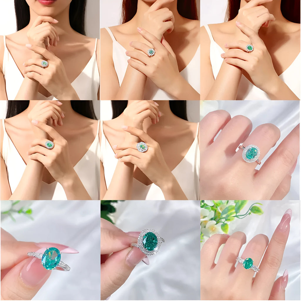 Women's geometric S925 sterling silver ring with elliptical emerald centre stone and diamond accents