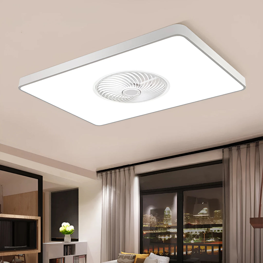 Nordic ceiling fan light with solid wood frame and white PVC lampshade, shown in round, square, and rectangular shape options.