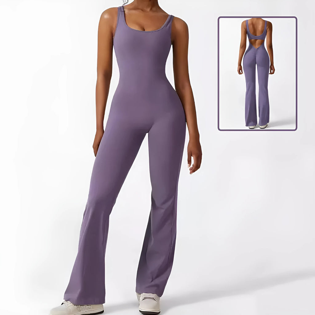Women's sleeveless flare jumpsuit for yoga and fitness in high elasticity polyester fabric