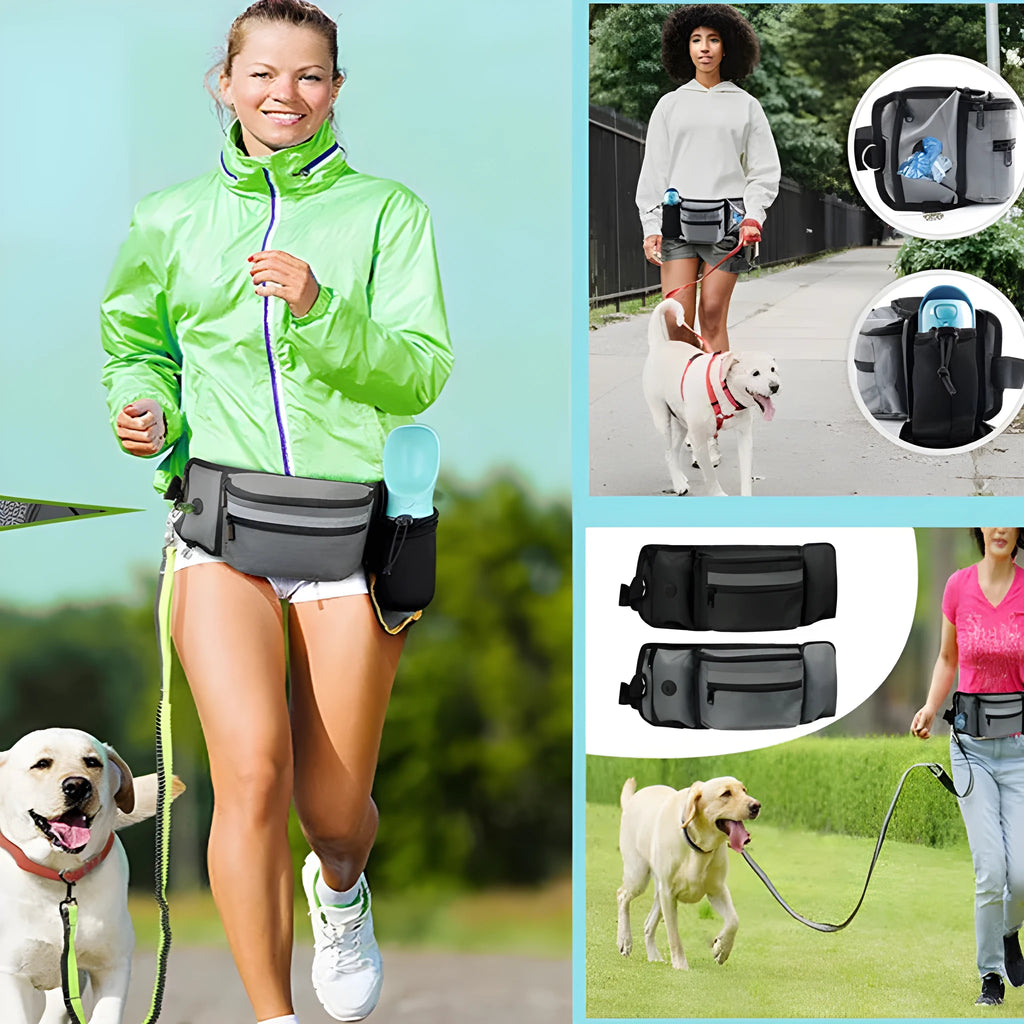 Multifunctional polyester striped pet fanny pack for running and dog training in black and grey