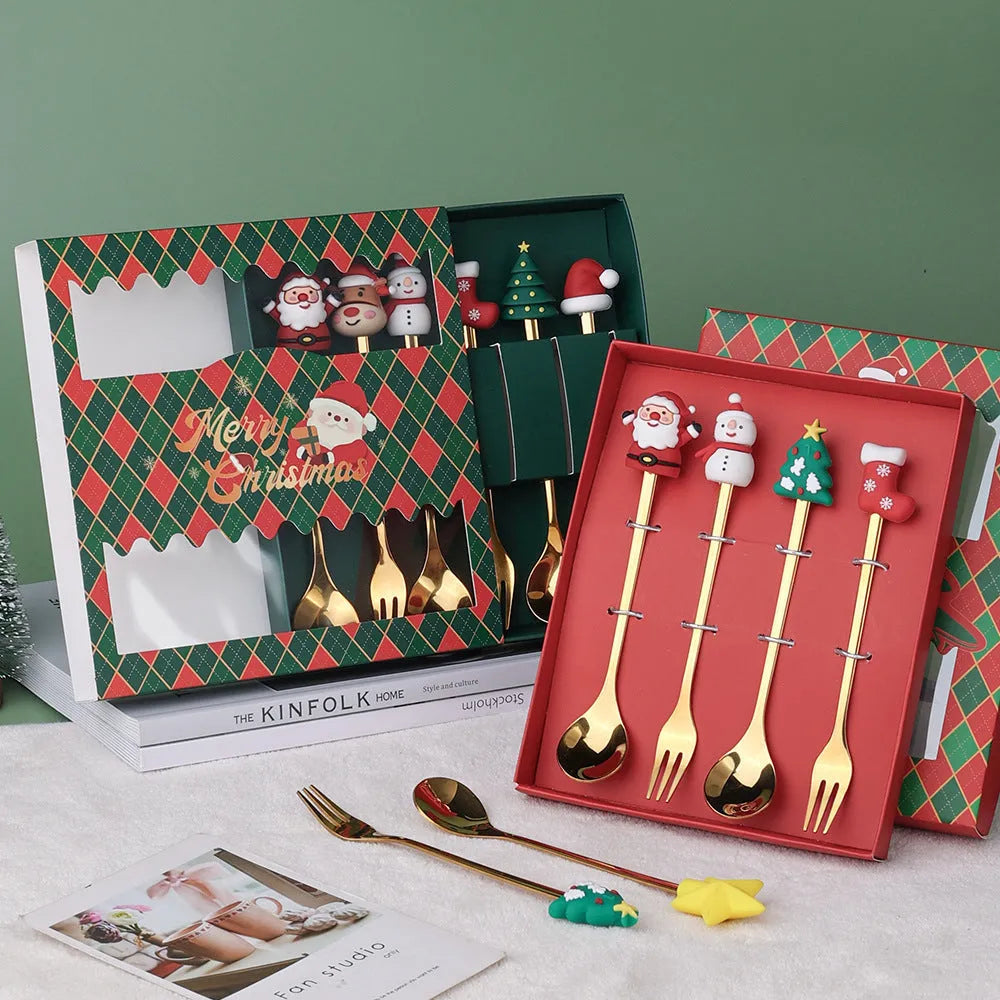 Stainless steel Christmas spoon and fork set with red colour and snowman handle design
