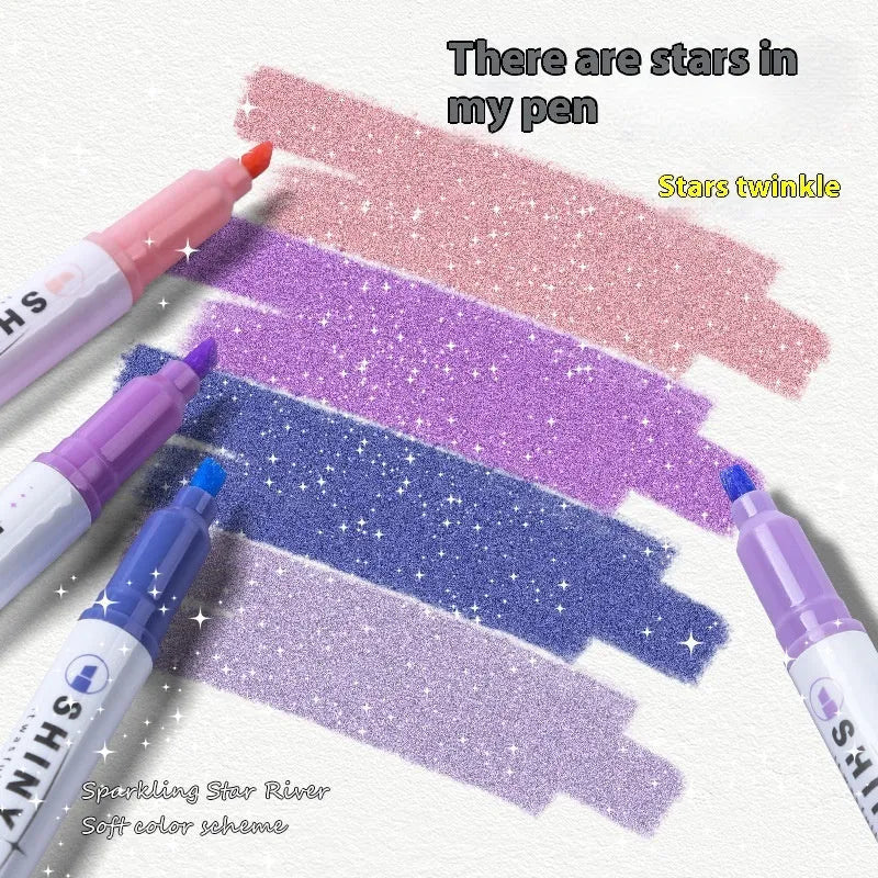 Star River glitter fluorescent pen set showing slanted 4mm tip and six glitter ink colour variations