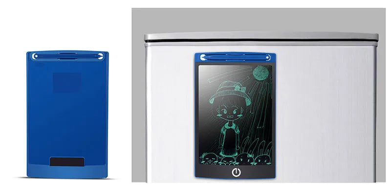 LCD writing tablet with pressure-sensitive blue-green screen and black ABS frame on desk