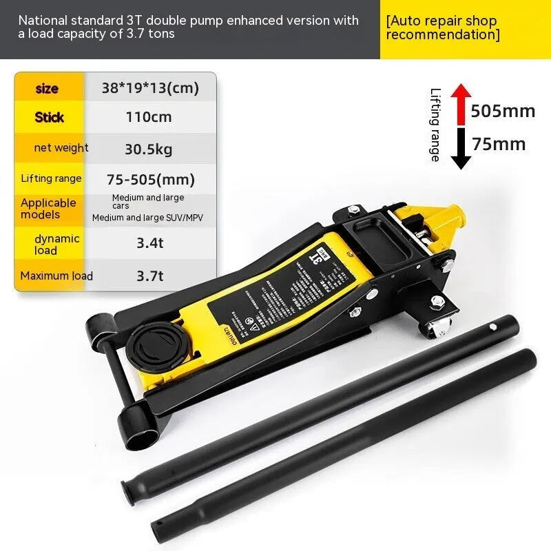 Horizontal low profile hydraulic car jack with handle, for tyre changes, 2.5T or 3T capacity