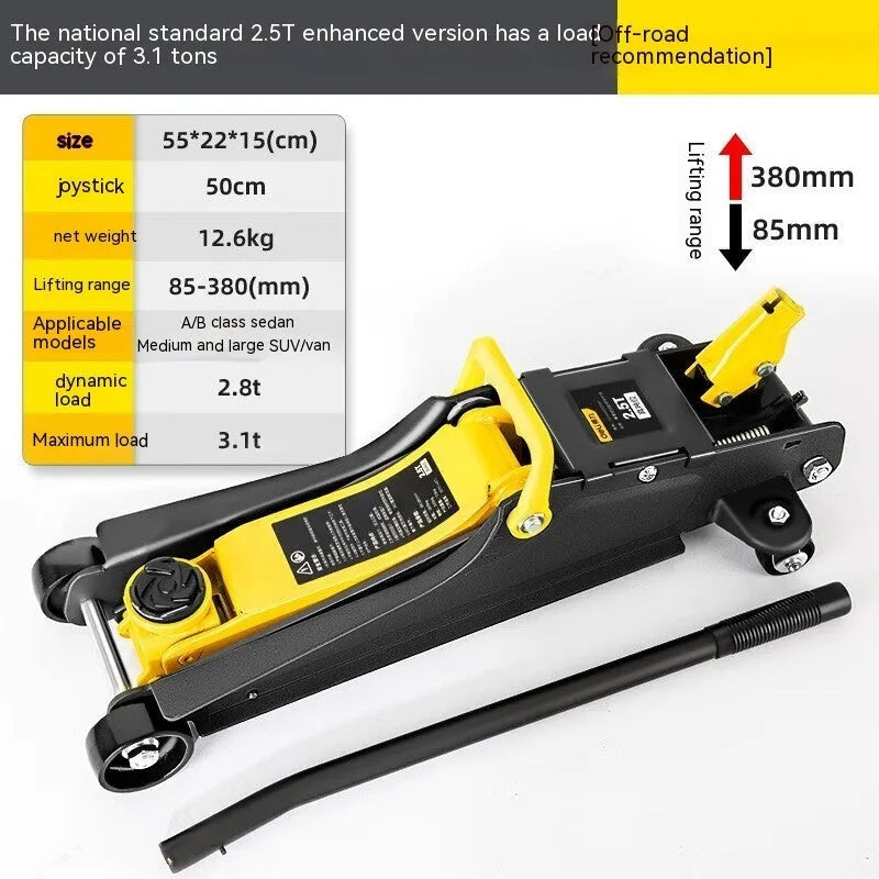 Horizontal low profile hydraulic car jack with handle, for tyre changes, 2.5T or 3T capacity