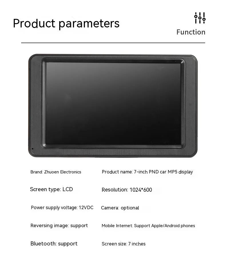 Portable vehicle-mounted MP5 player 7-inch LCD screen black colour with bracket and cables