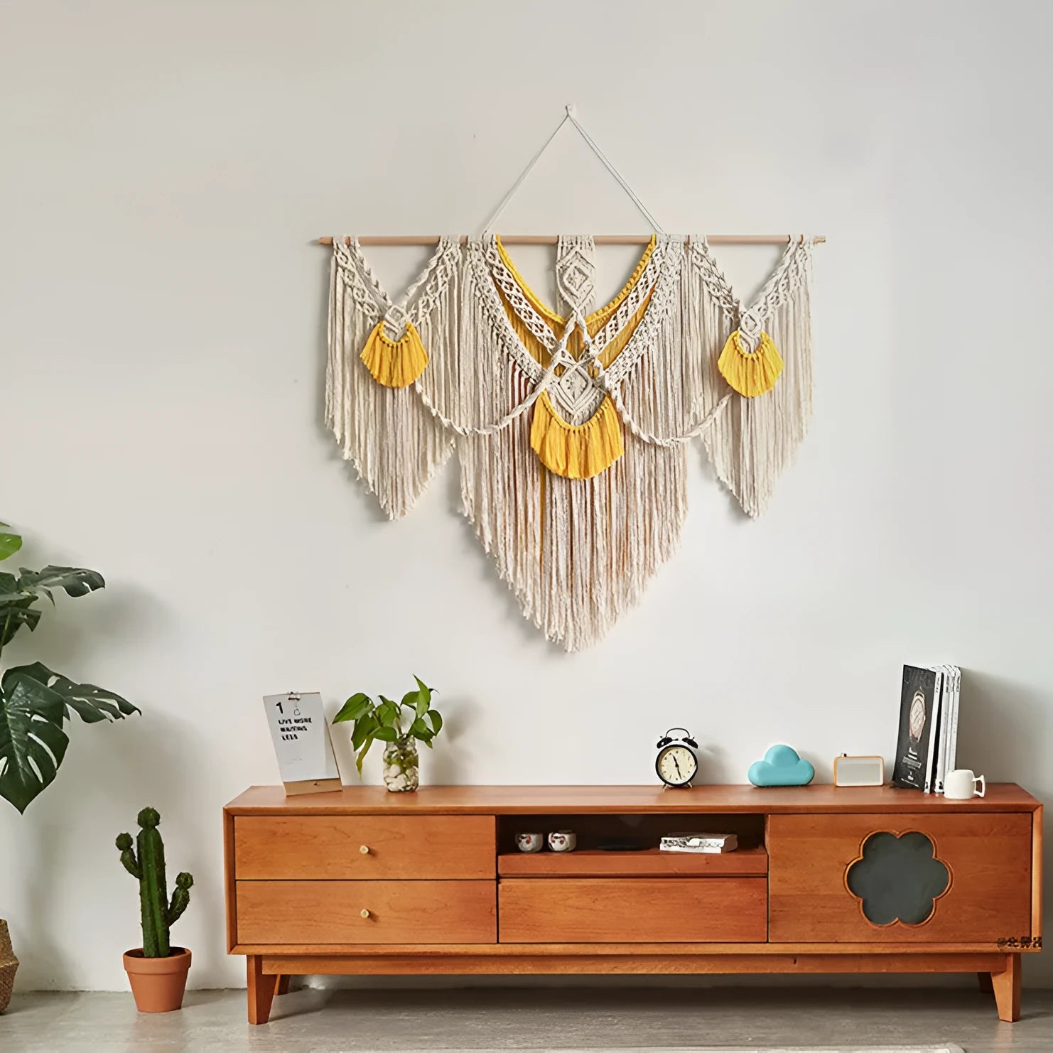Nordic style creamy white cotton tapestry measuring 120 by 95 centimetres