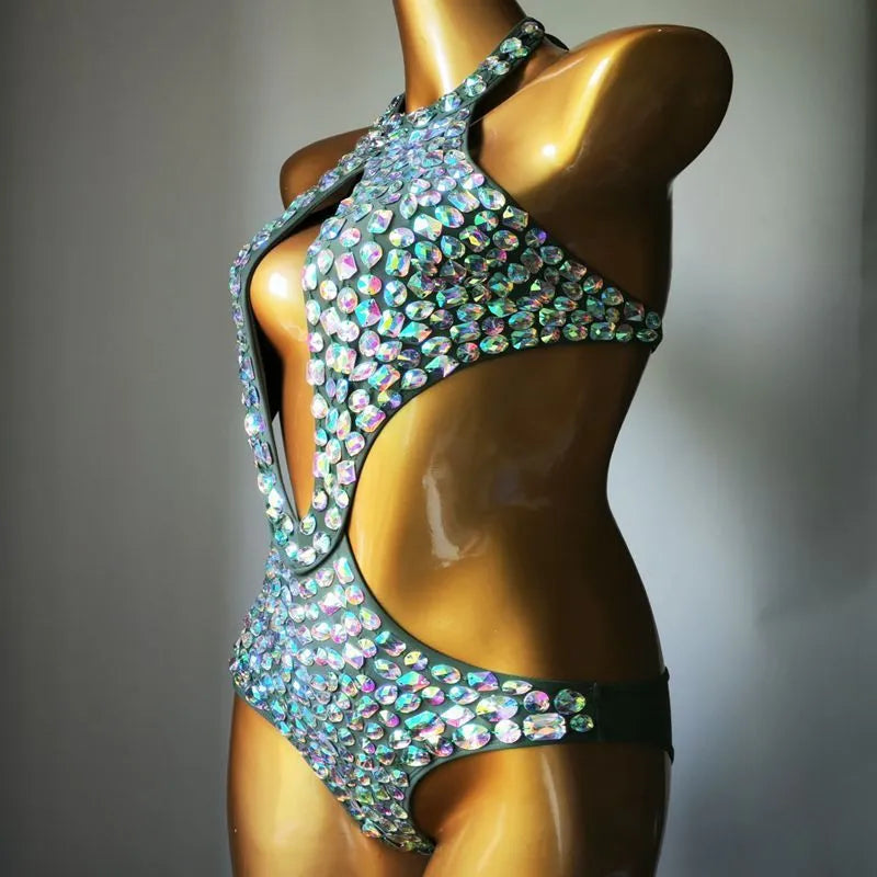 Women's one-piece mesh diamond swimsuit in black, green, army green or brown colours