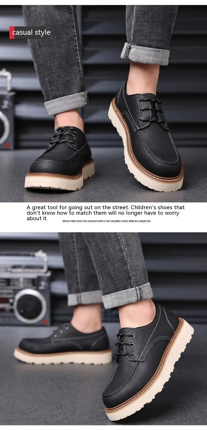 Men's black low top British retro worker boots with round toe and rubber sole.