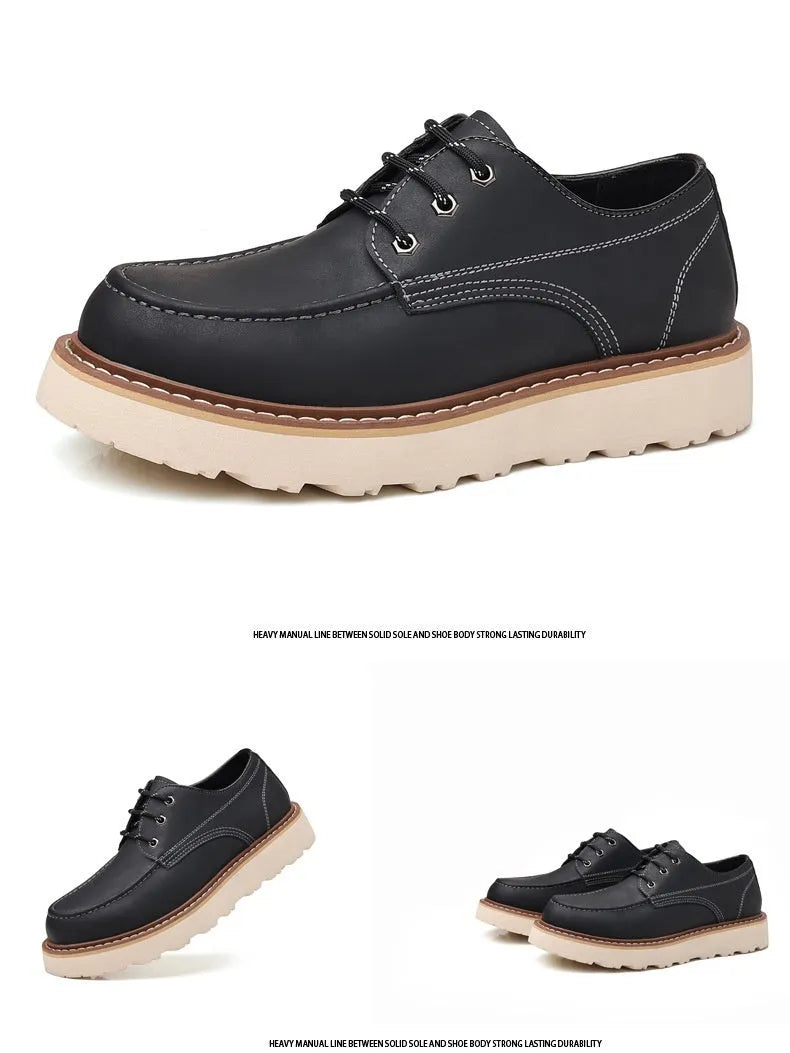 Men's black low top British retro worker boots with round toe and rubber sole.