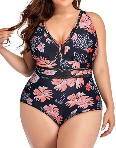 Black printed plus size bikini swimsuit made from polyester mesh fabric