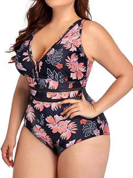 Black printed plus size bikini swimsuit made from polyester mesh fabric