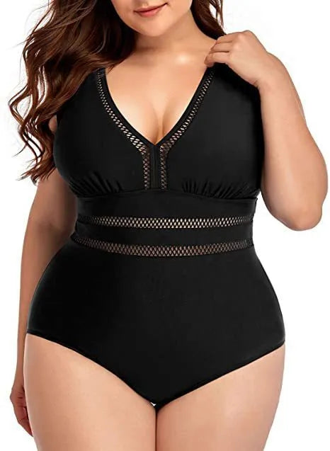 Black printed plus size bikini swimsuit made from polyester mesh fabric