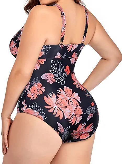 Black printed plus size bikini swimsuit made from polyester mesh fabric