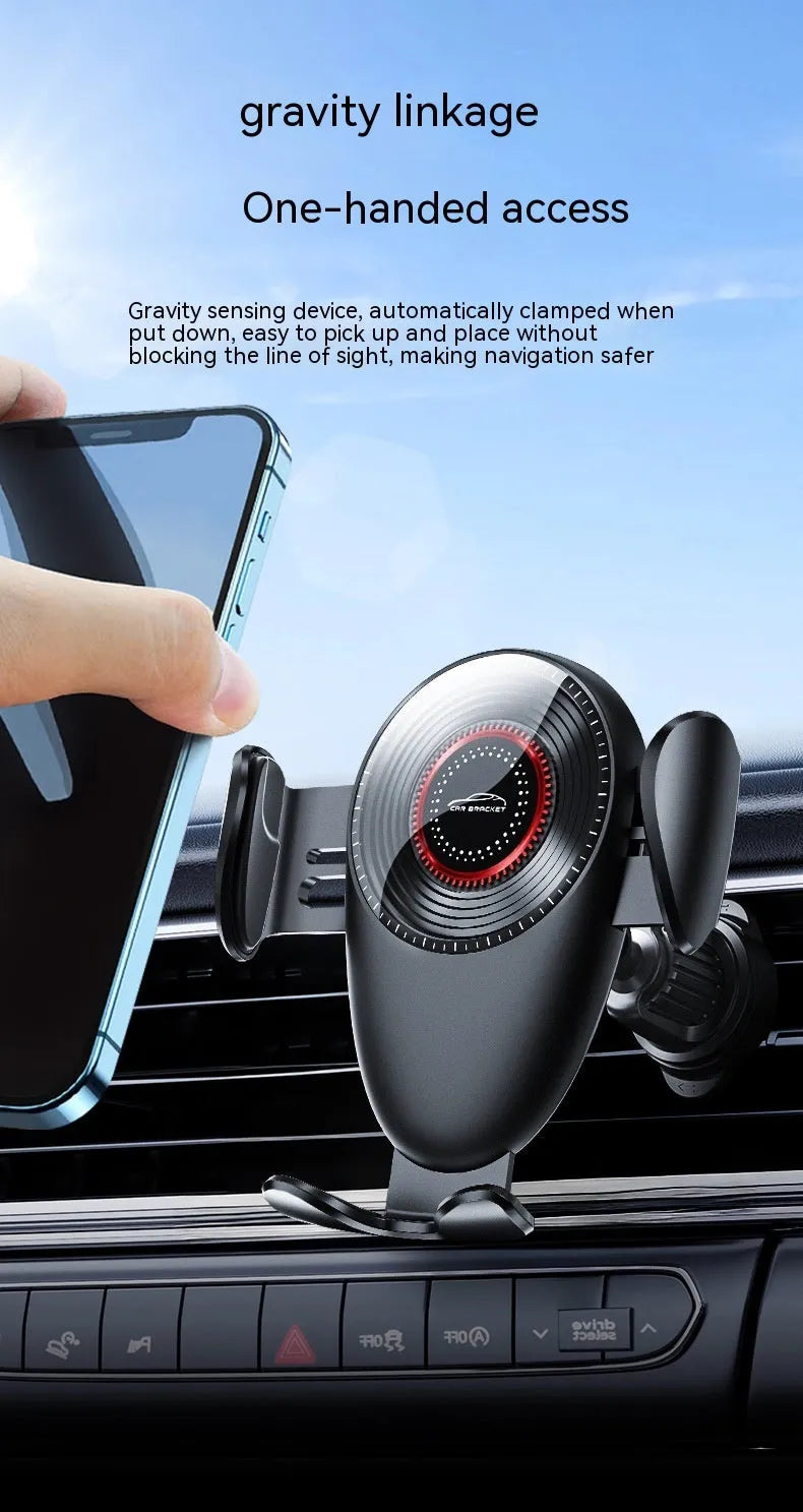 Universal car air vent phone bracket in black, mounted on a car interior air outlet