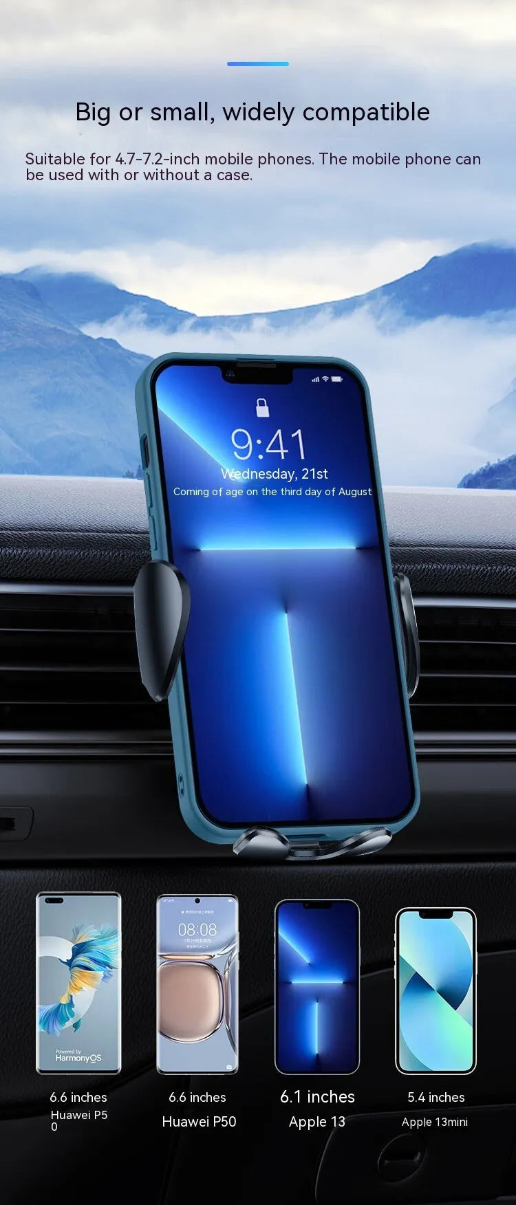 Universal car air vent phone bracket in black, mounted on a car interior air outlet