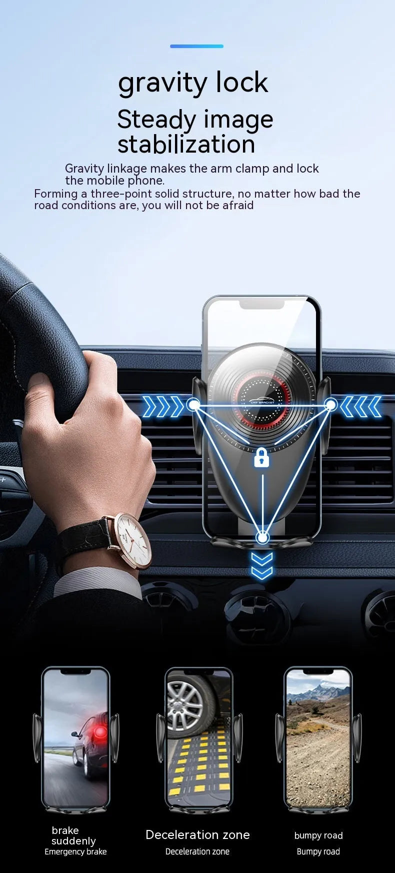 Universal car air vent phone bracket in black, mounted on a car interior air outlet