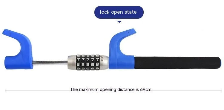 Car anti-theft password steering wheel U-lock in alloy steel, black colour, shown on a car steering wheel