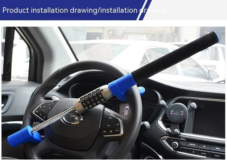 Car anti-theft password steering wheel U-lock in alloy steel, black colour, shown on a car steering wheel