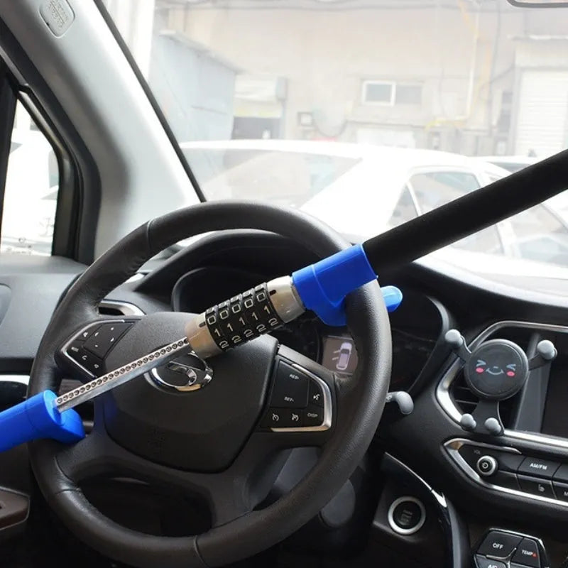 Car anti-theft password steering wheel U-lock in alloy steel, black colour, shown on a car steering wheel