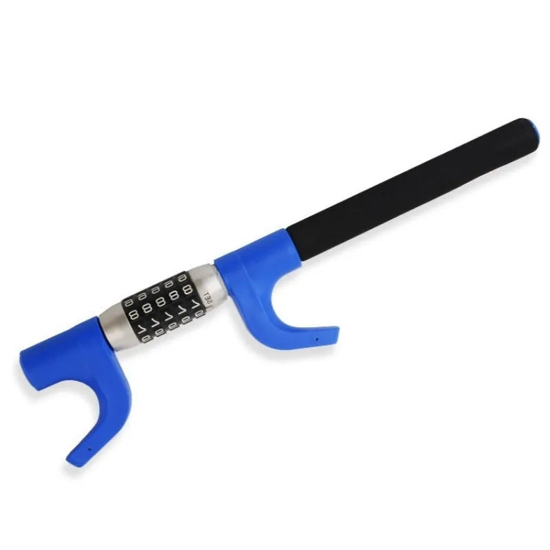 Car anti-theft password steering wheel U-lock in alloy steel, black colour, shown on a car steering wheel