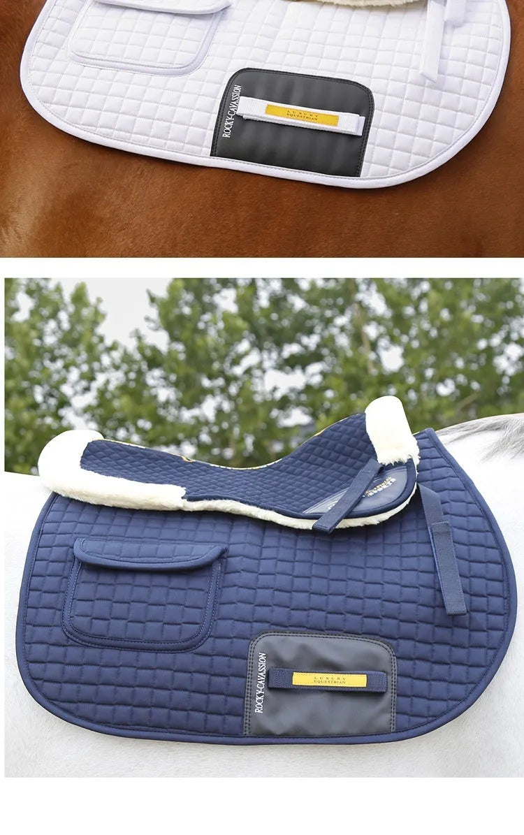 Wool riding saddle pad for equestrian and cycling waist protection in black colour.