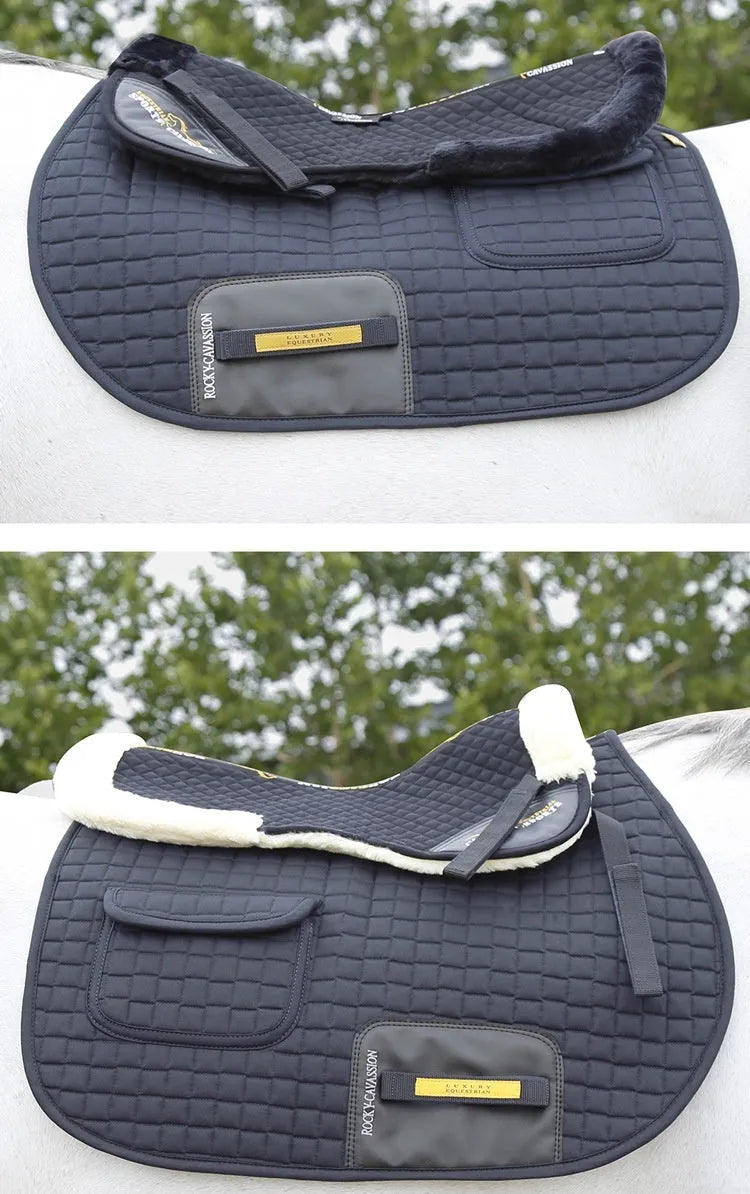 Wool riding saddle pad for equestrian and cycling waist protection in black colour.