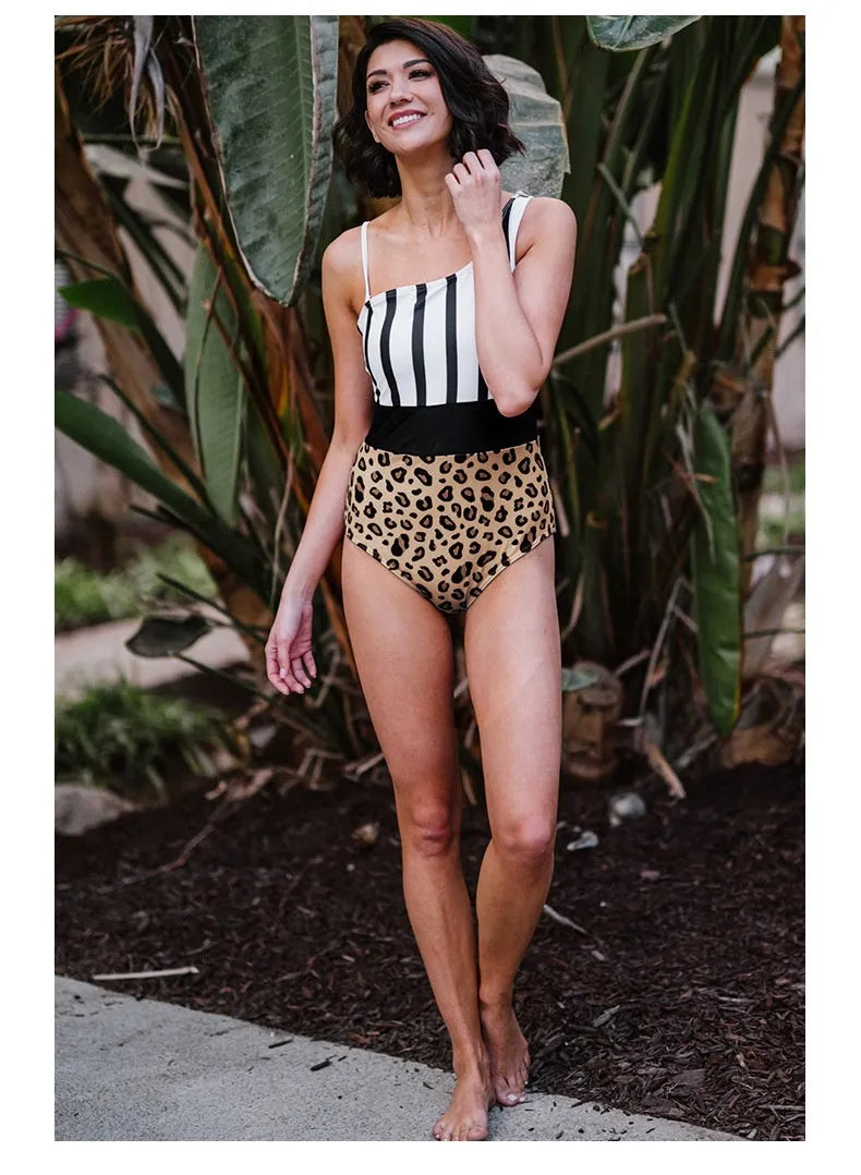 Women's leopard print asymmetric collar high-waist triangle swimsuit laid flat