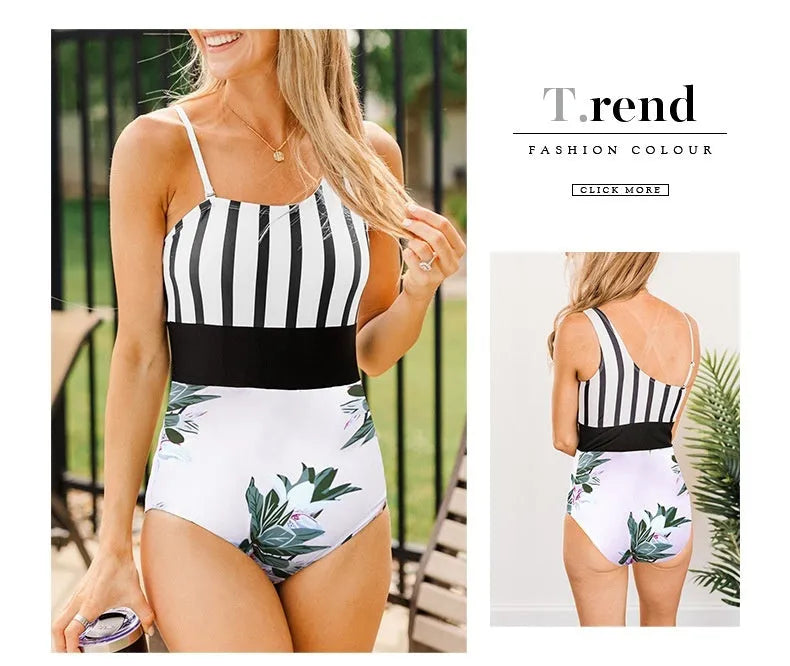 Women's leopard print asymmetric collar high-waist triangle swimsuit laid flat