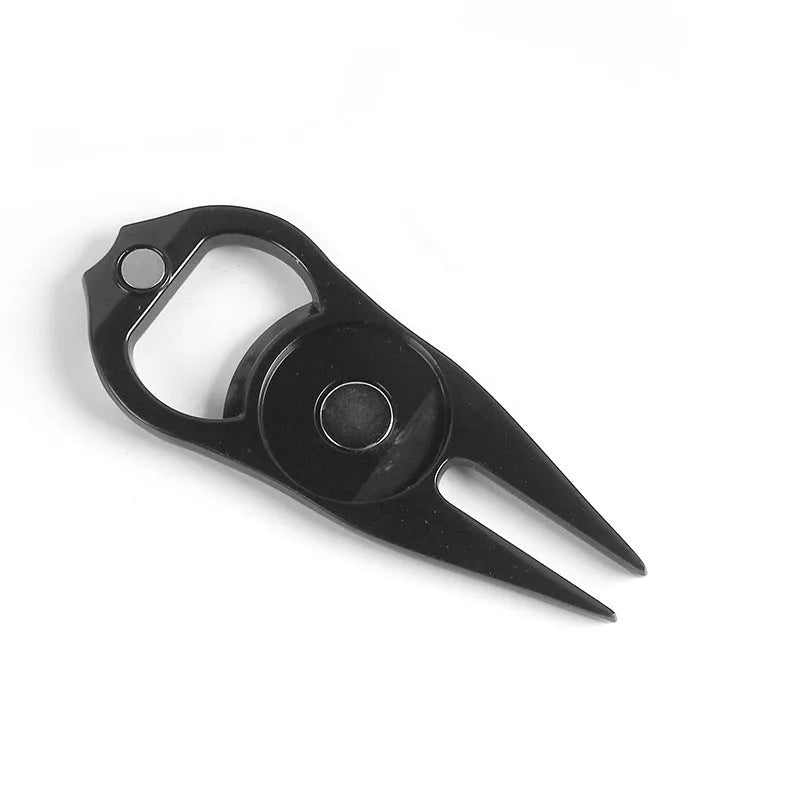 Zinc alloy golf ball yoke and bottle opener tool in black, green or silver on a putting green