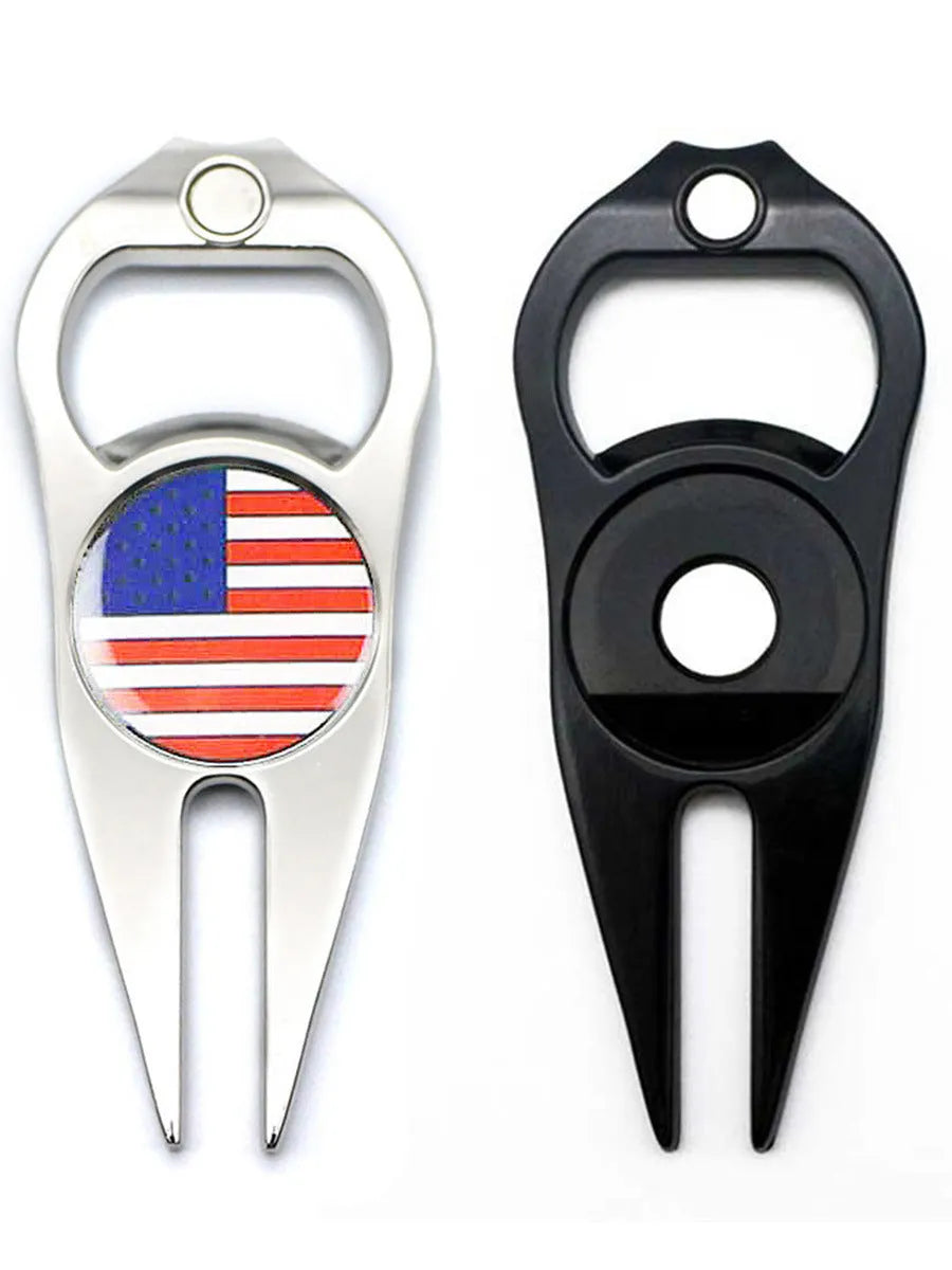 Zinc alloy golf ball yoke and bottle opener tool in black, green or silver on a putting green
