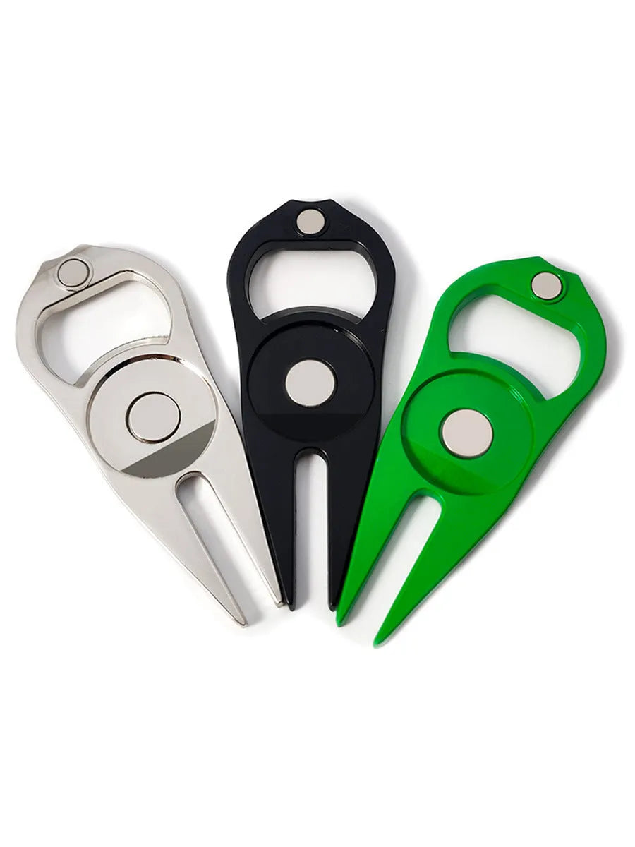 Zinc alloy golf ball yoke and bottle opener tool in black, green or silver on a putting green