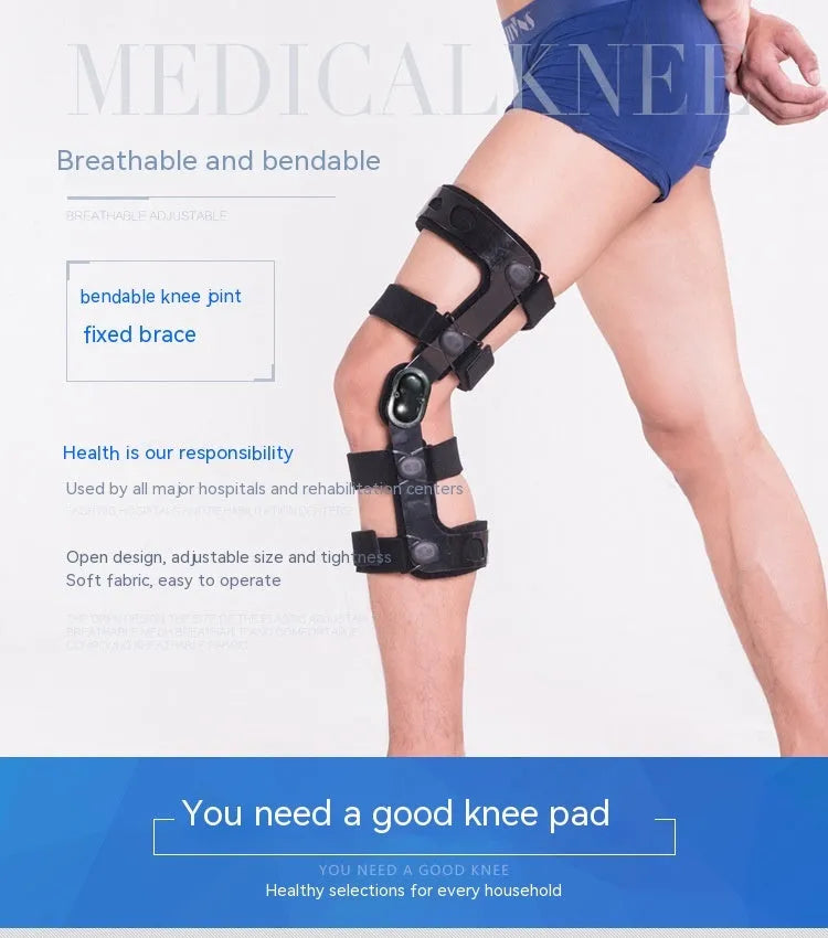 Black anterior cruciate ligament knee brace with visible metal side stays and hinges on a leg.