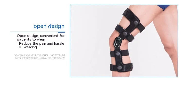 Black anterior cruciate ligament knee brace with visible metal side stays and hinges on a leg.