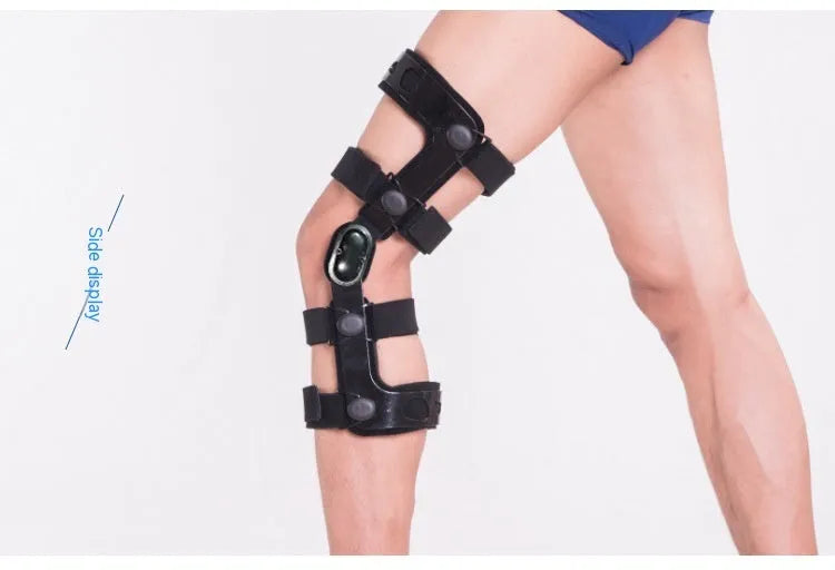 Black anterior cruciate ligament knee brace with visible metal side stays and hinges on a leg.