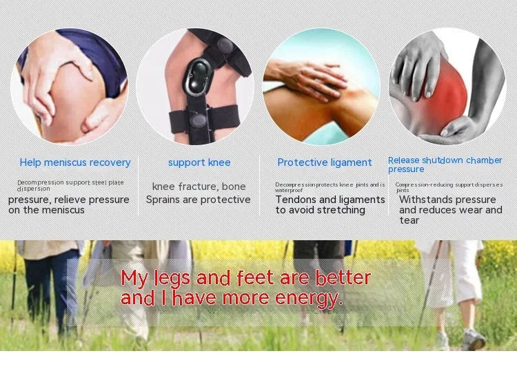 Black anterior cruciate ligament knee brace with visible metal side stays and hinges on a leg.