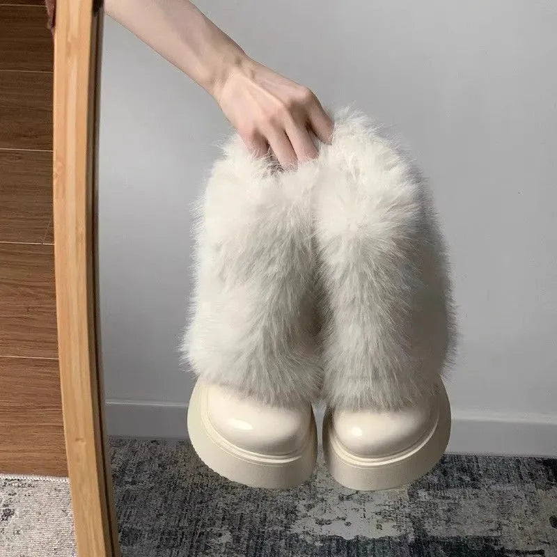 Women's low-top snow boots with artificial plush uppers, waterproof rubber soles, available in black and white colours