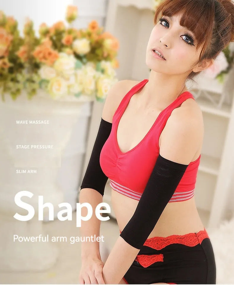 Women's black nylon shaping arm sleeves showing free size design for discreet wear under clothing