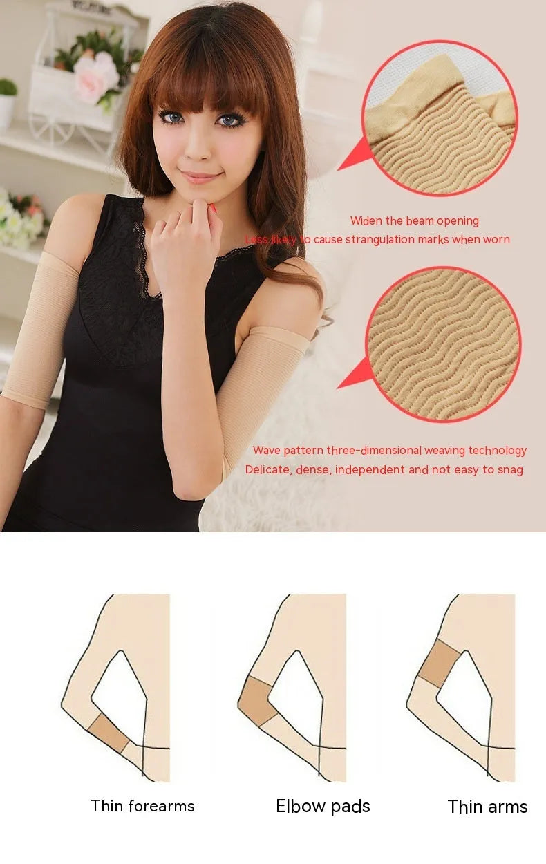 Women's black nylon shaping arm sleeves showing free size design for discreet wear under clothing
