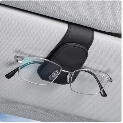 Car sunglasses holder made from PU leather clipped onto sun visor, beige colour, universal size