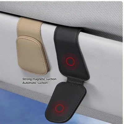 Car sunglasses holder made from PU leather clipped onto sun visor, beige colour, universal size