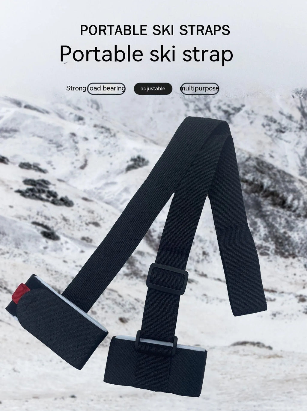A black adjustable hook and loop shoulder strap for carrying a sled, showing the fixed sewing construction.