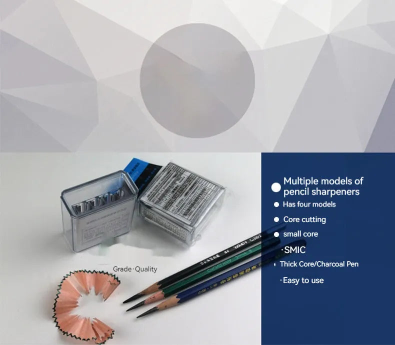 Geometric-shaped plastic pencil sharpener with four holes and an included screwdriver tool.