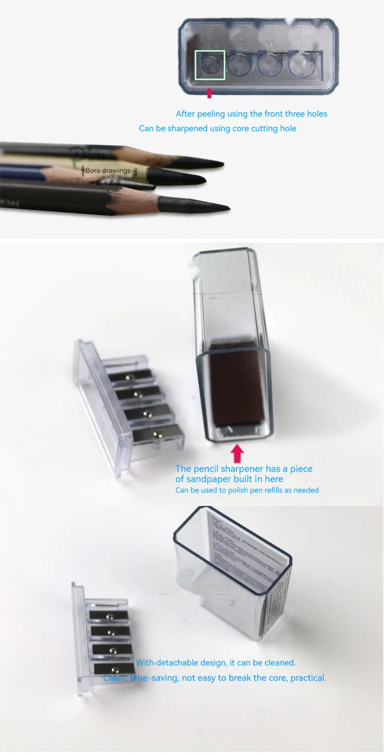 Geometric-shaped plastic pencil sharpener with four holes and an included screwdriver tool.